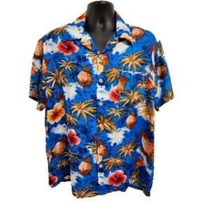 Kennington Hawaiian Shirt Beach Island Pineapple Blue Floral‎ Button Up Sz Large